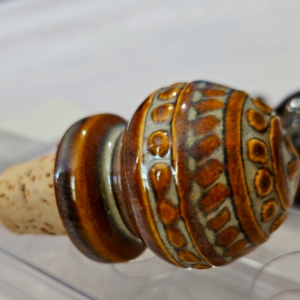 Vintage NWT Set Of 3  Pier 1 Porcelain Cork  Bottle Stoppers - Navy and Tan